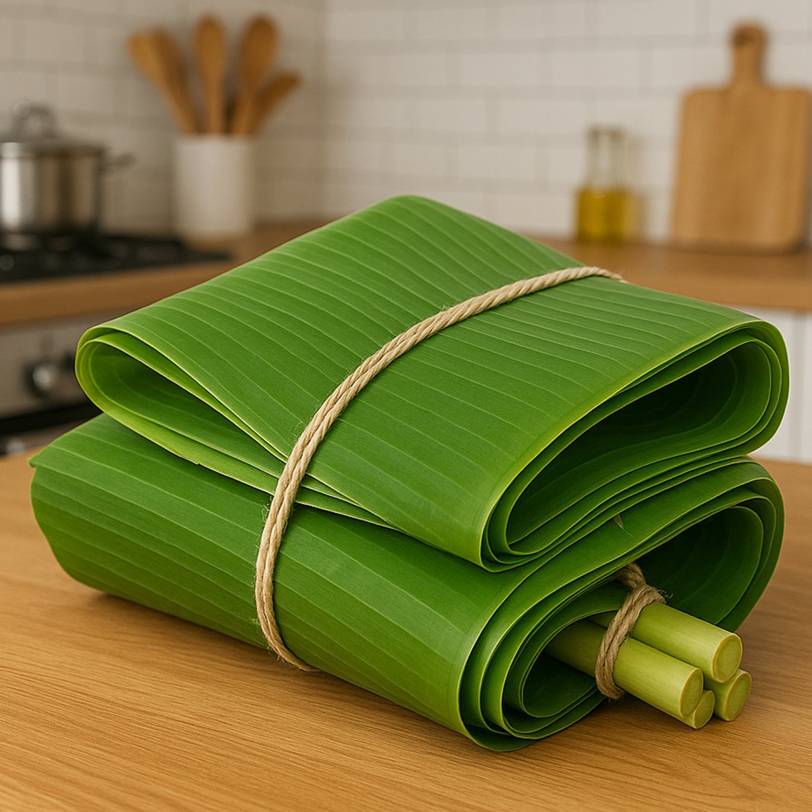 Fresh banana leaves stacked for export packaging