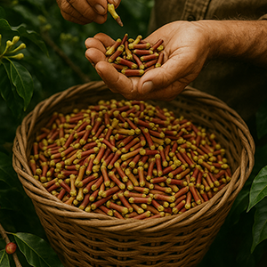 Clove harvesting process in Indonesian spice plantations for export markets