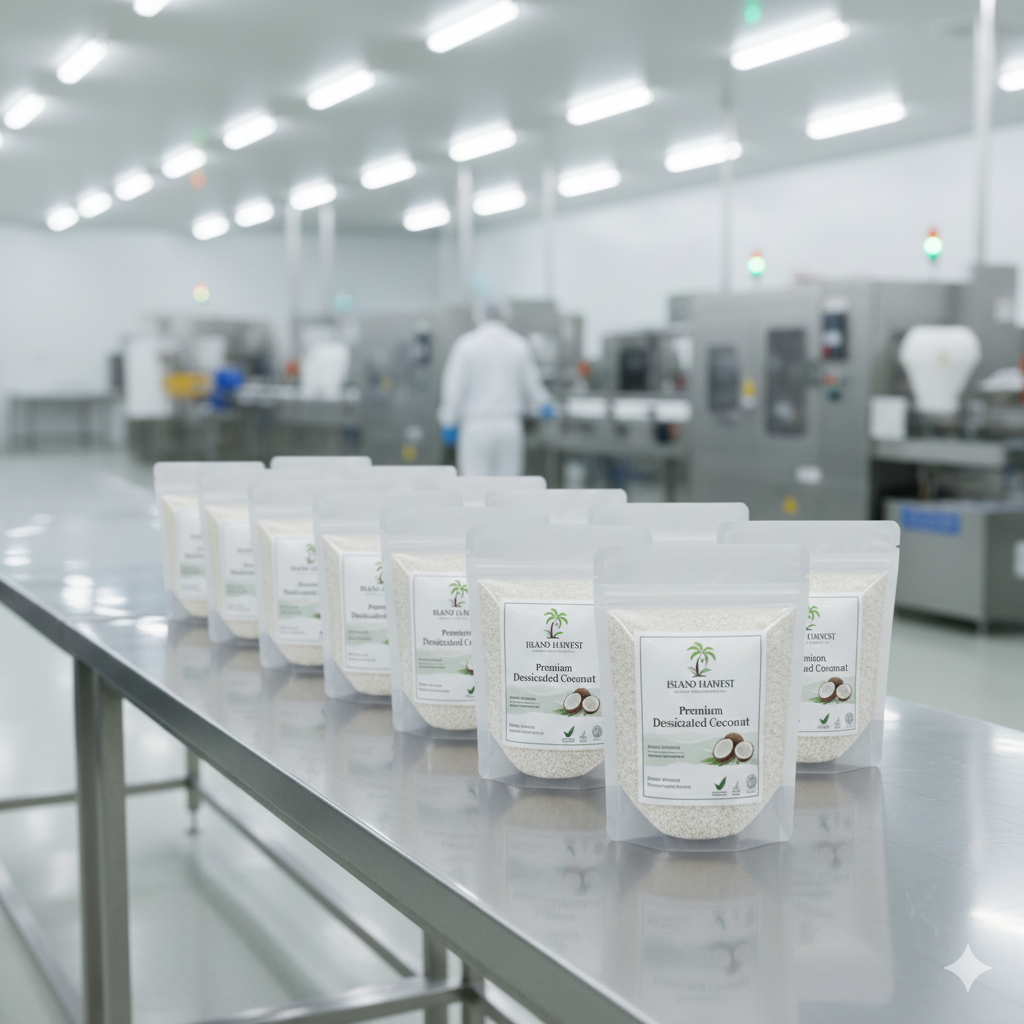 Desiccated Coconut specifications including grade types, moisture levels, and packaging options.